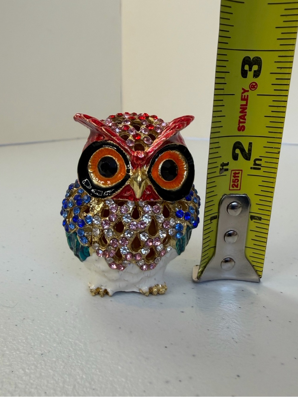 Cloisonné Owl Trinket Box Hinged Jewelry Ring Holder Rhinestone Necklace Red - Picture 8 of 8